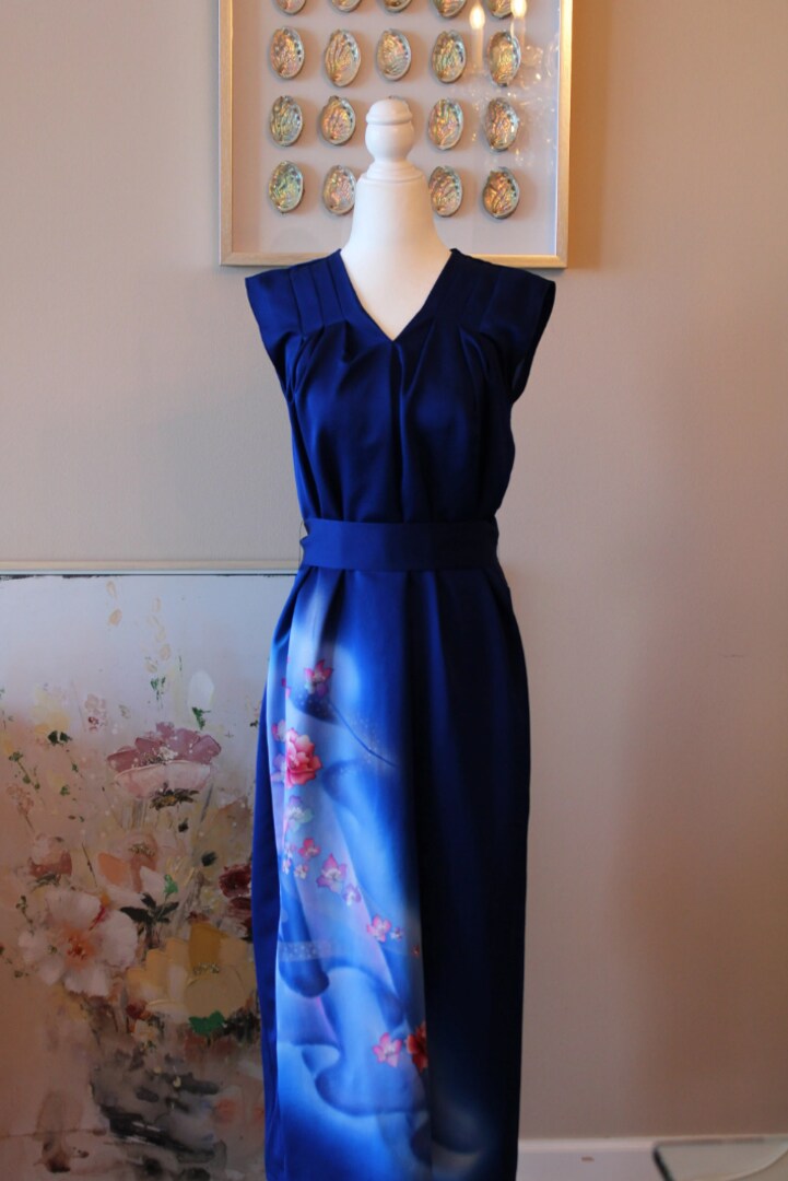 Handmade Vintage Silk Kimono Dress, Hand Painted Aurora Royal Blue, Unique gift, Authentic Kimono Remake, Kimono Fashion, Japanese Clothing | MakerPlace by Michaels Handmade Vintage Silk Kimono Dress, Hand Painted Aurora Royal Blue, Unique gift, Authentic Kimono Remake, Kimono Fashion, Japanese Clothing | MakerPlace by Michaels